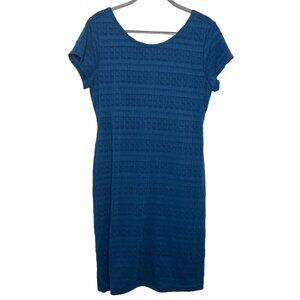 Sharagano Blue Textured Stretch Sheath Dress Sz 10 | Short Sleeve Workwear